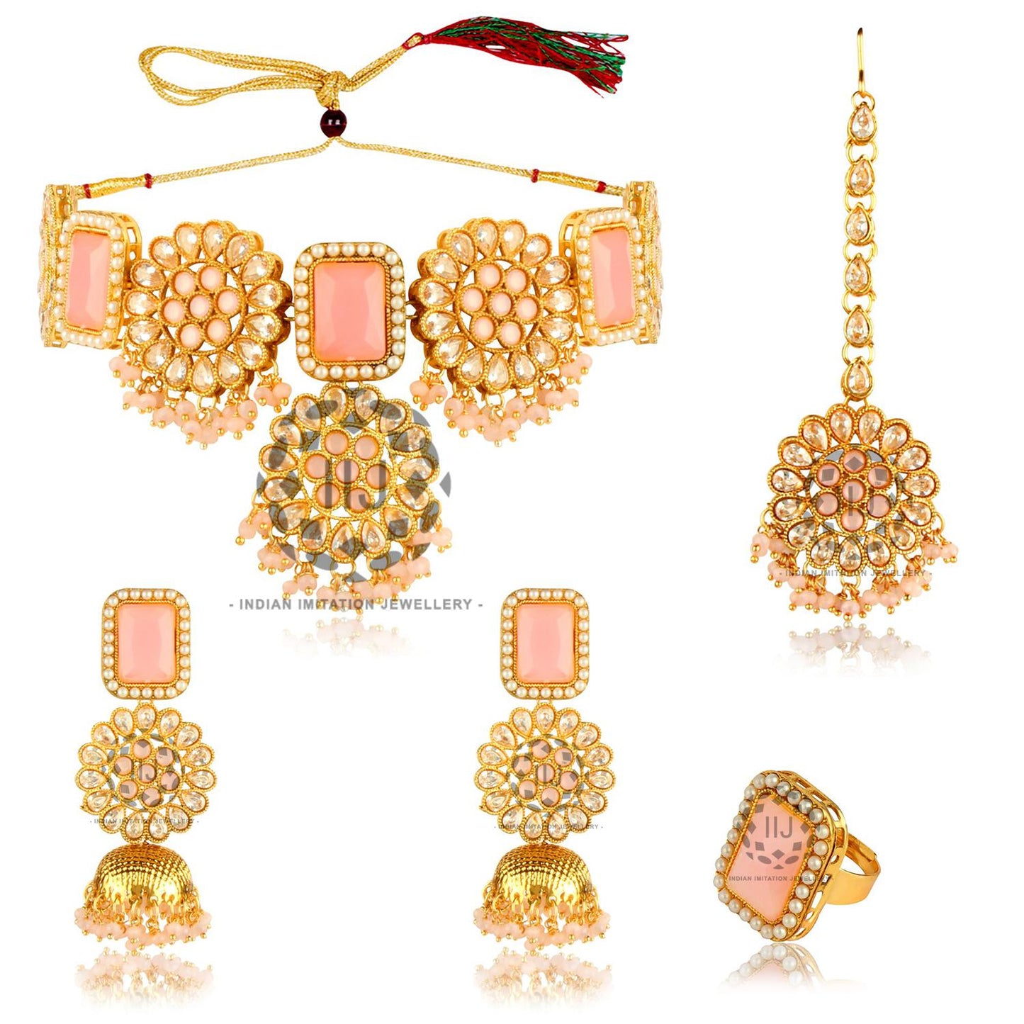 American Diamond Pasted Pink & White AD Choker Set with Kadi Fitting Jhumkis and Ring