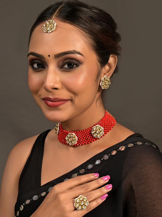 Gold Plated Choker with Chatai work and Studs Earring