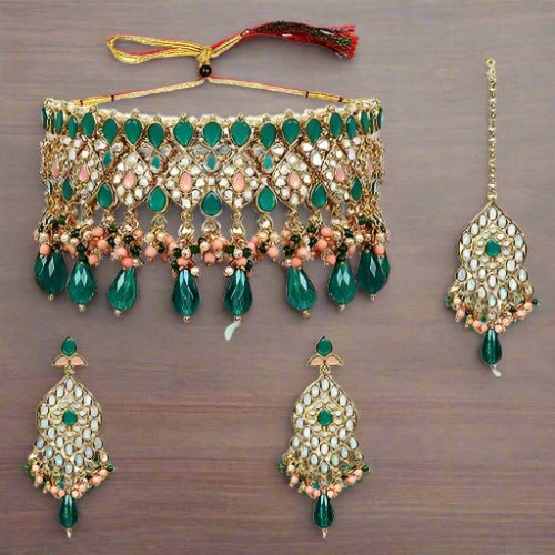 Multi Color pink green rare Combination Gold Plated Kundan Choker Set with Crystal drops