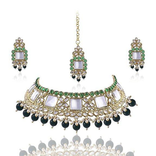 Traditional Mirror Choker Set with green beads