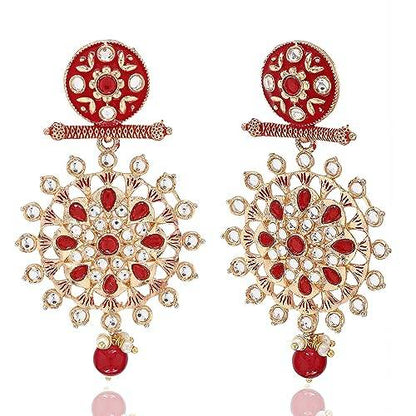 high gold earring with red and glass beads