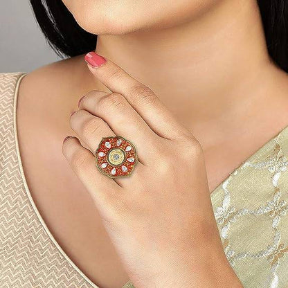 high gold plated red ring with minakari work to give elegance
