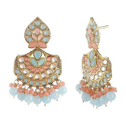 high gold plated attractive earring with peach and firozi stones