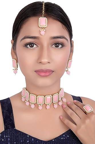 Gold plated chokar set with pink stones