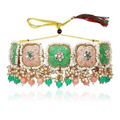 Peach Green Minakari Choker with Gucha work