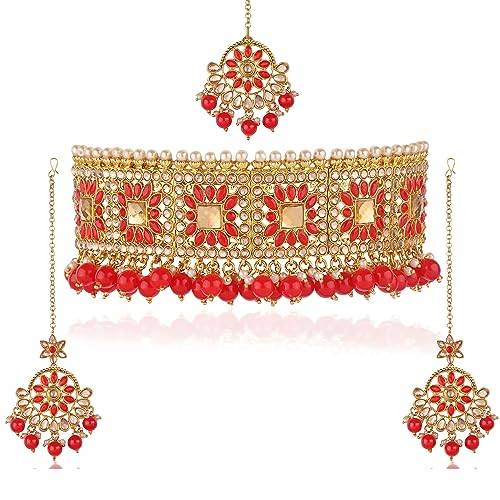 Gold Plated Red Choker Set with Red Beads