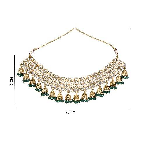 Gold Plated Necklace with Small Jhumkis and Green Beads