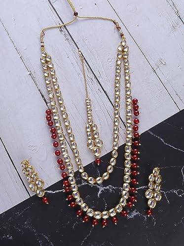 Long Double Layered Dabbi Kundan necklace with Maroon Beads