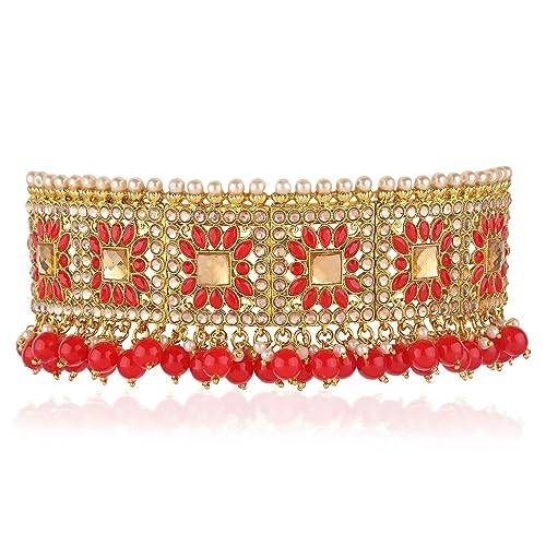 Gold Plated Red Choker Set with Red Beads