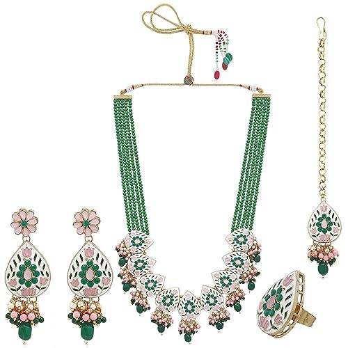 long layared pink green necklace with high gold plating