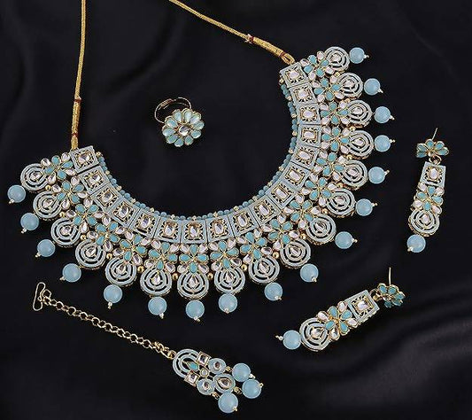 Light firozi necklace set beaded with pearls and motis