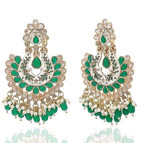 Premium AD high polished gold earring with green beads