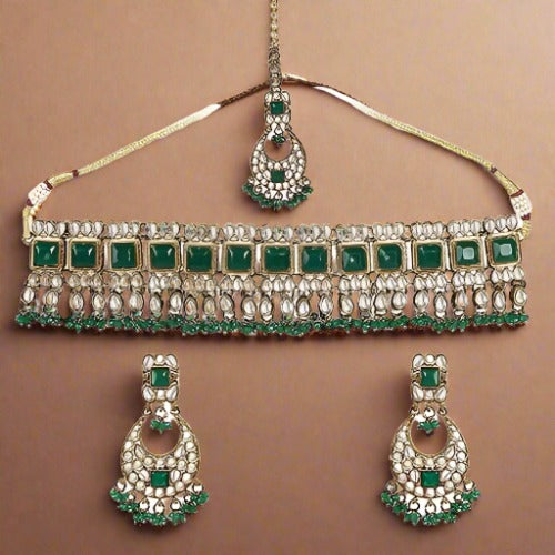 Mehndi plated Choker Set with green stones