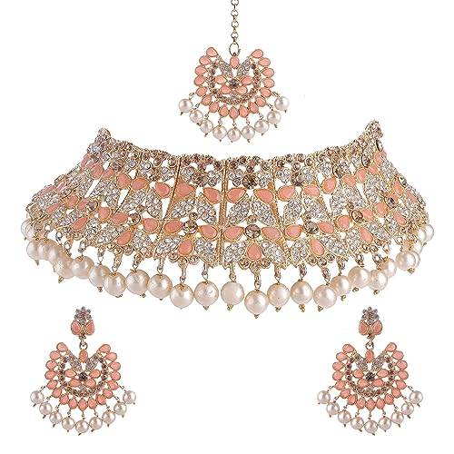 High Gold Plated Choker with Peach Kundan and Shiny White Pearls