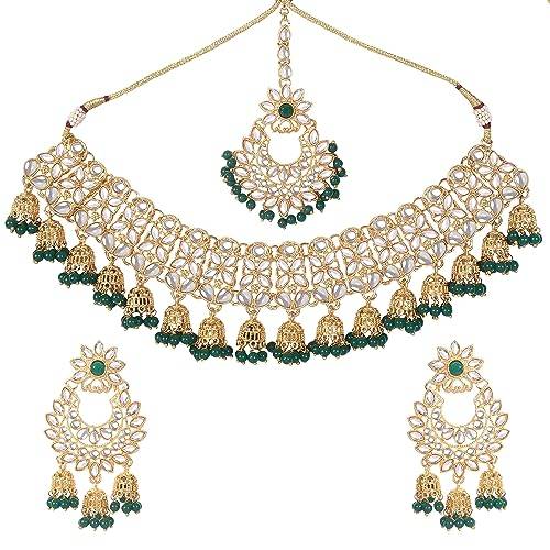 Gold plated Necklace with small jhumkis and green beads
