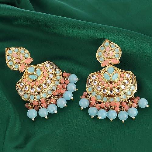 high gold plated attractive earring with peach and firozi stones