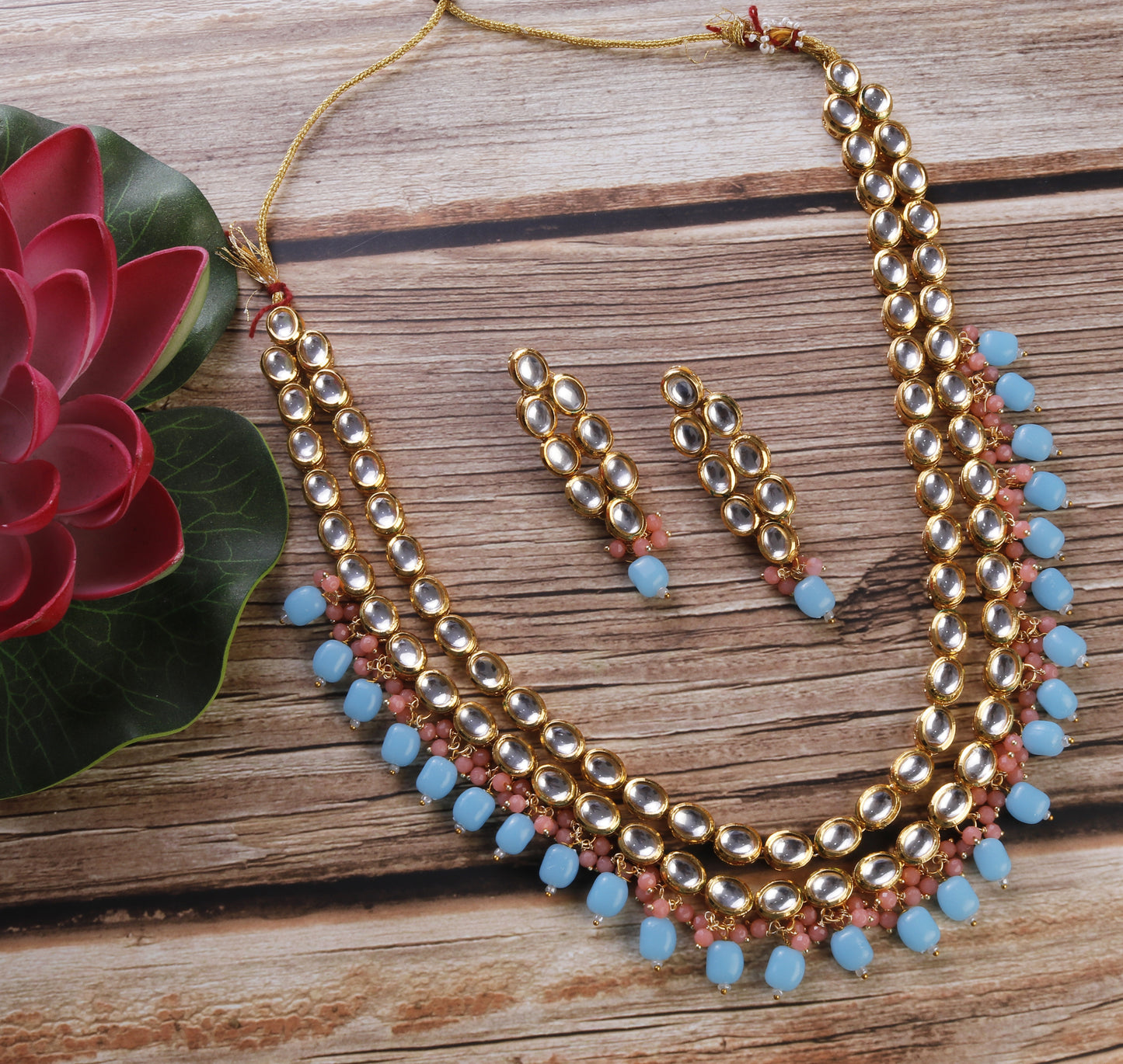 polished Long Layered Necklace with Firozi Tumbles
