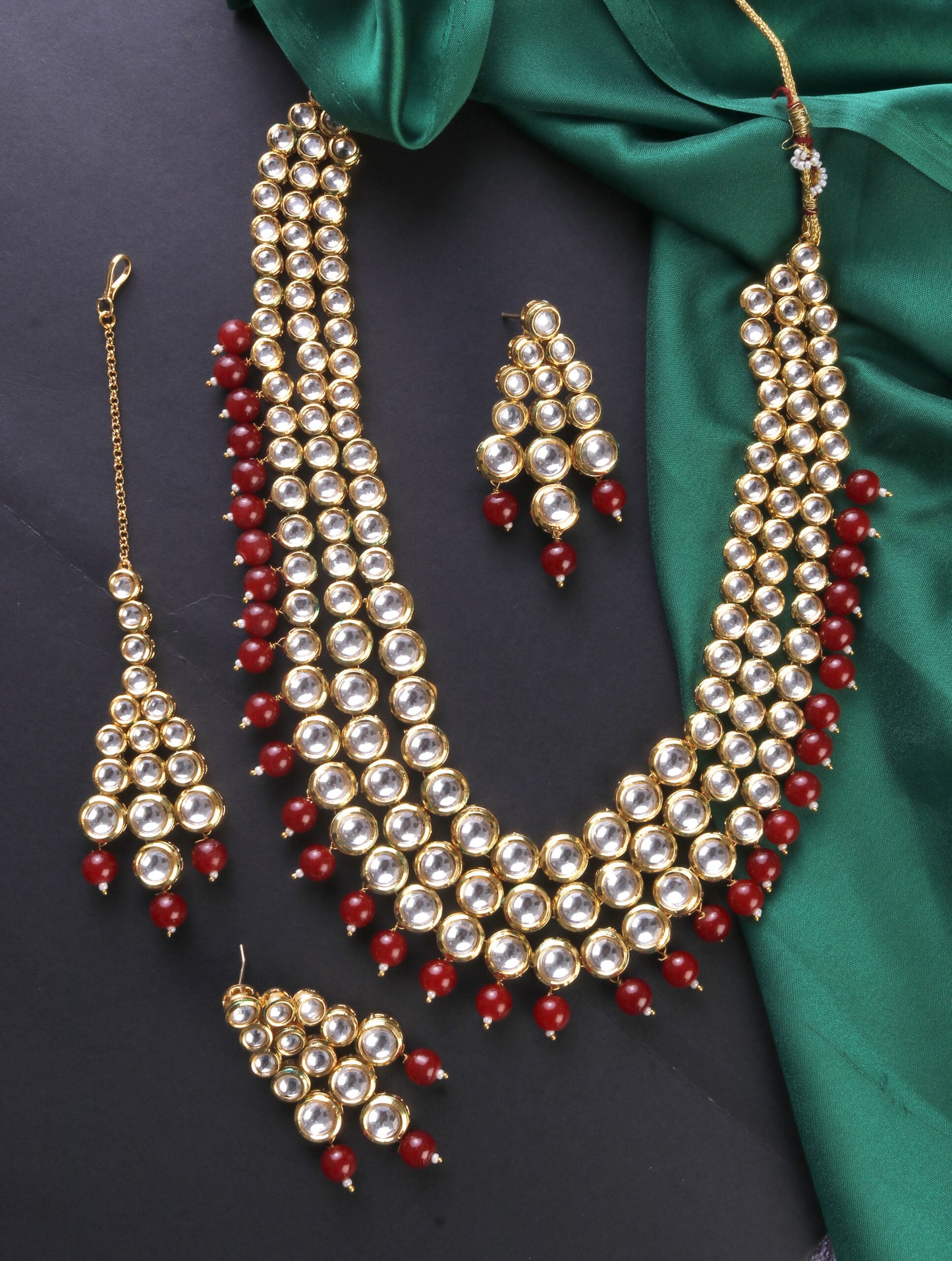 Long Layered Dabbi Kundan Necklace with Maroon Beads